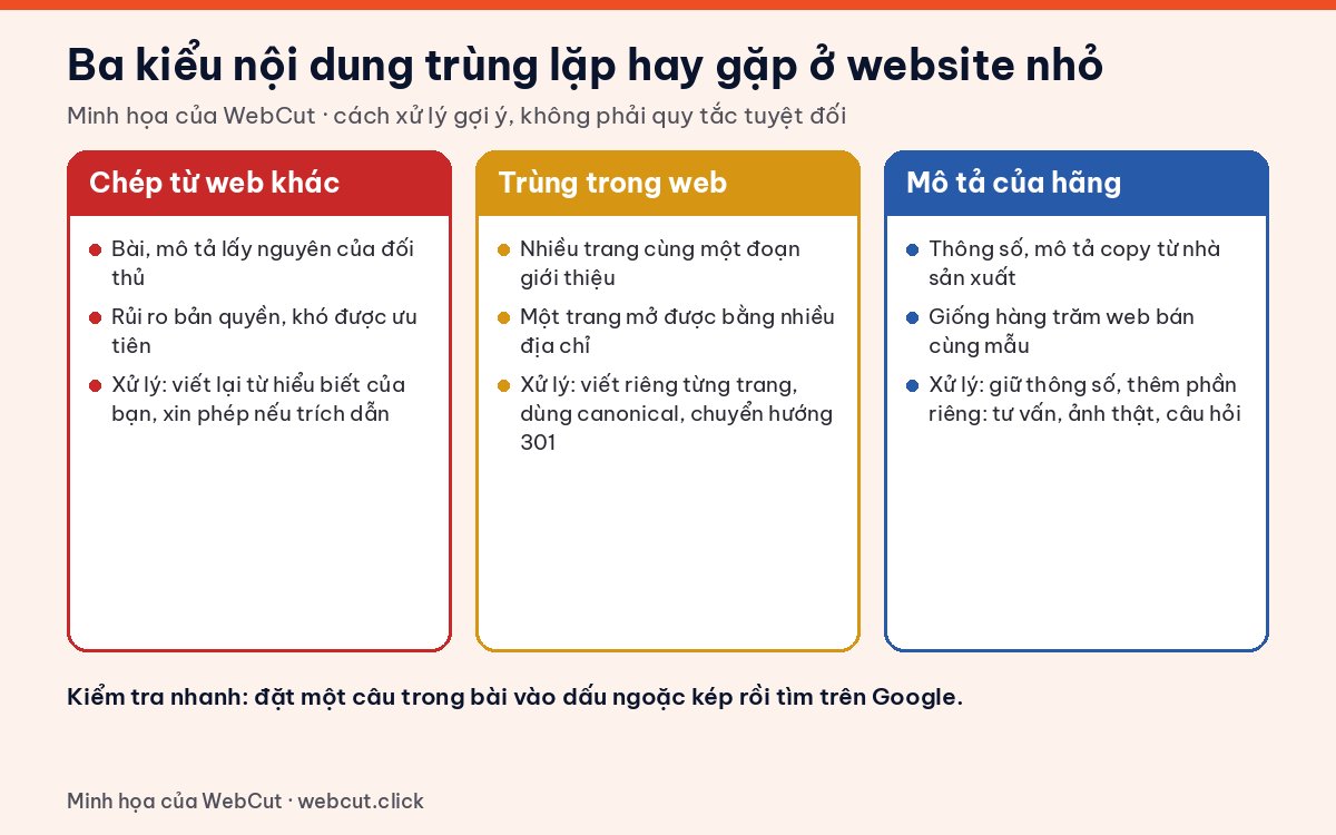 Ba kiểu nội dung trùng lặp ở website nhỏ: chép từ web khác, trùng trong chính website, mô tả của nhà sản xuất và cách xử lý