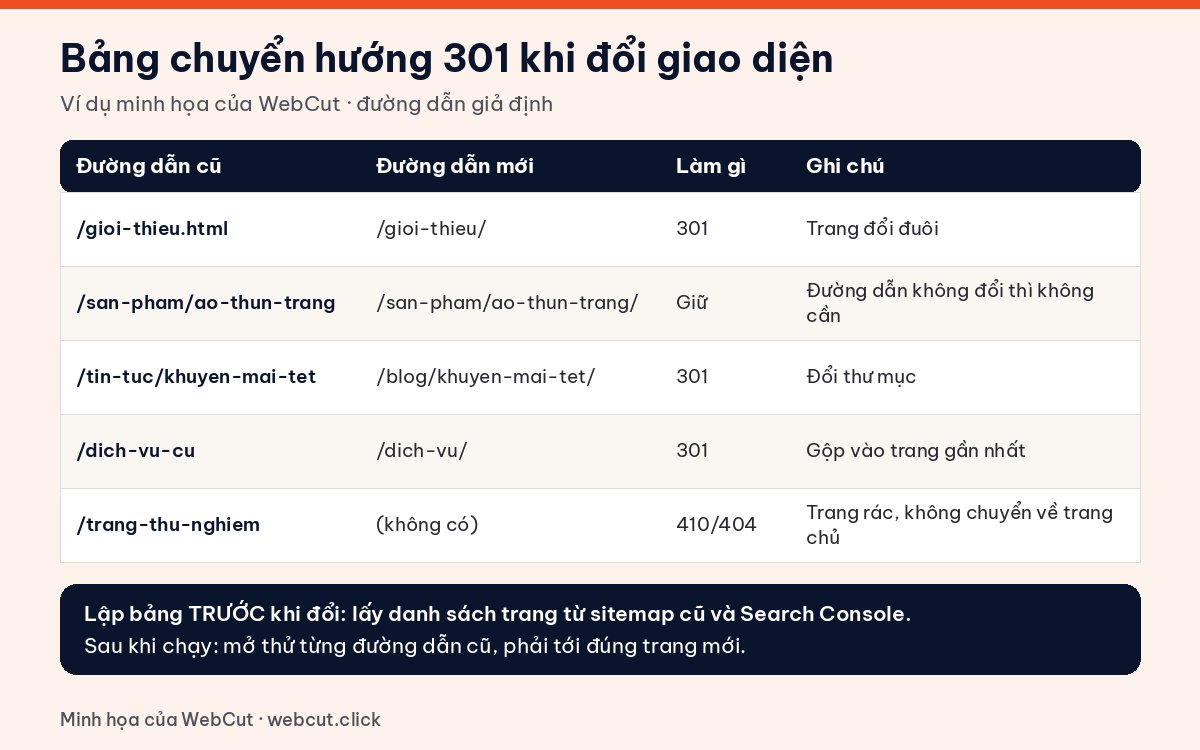 Bảng redirect 301 khi đổi giao diện không mất SEO: đường dẫn cũ, đường dẫn mới, giữ nguyên hoặc chuyển hướng