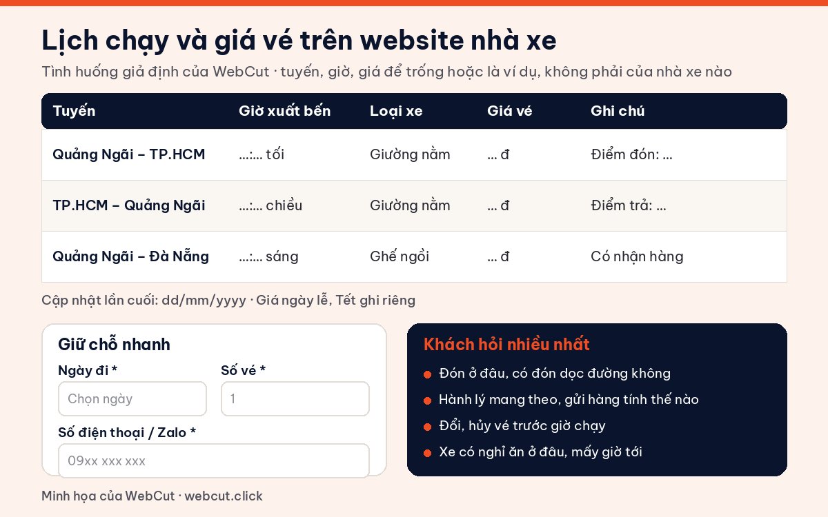 Bảng lịch chạy và giá vé trên website nhà xe kèm form giữ chỗ nhanh và các câu khách hỏi nhiều nhất