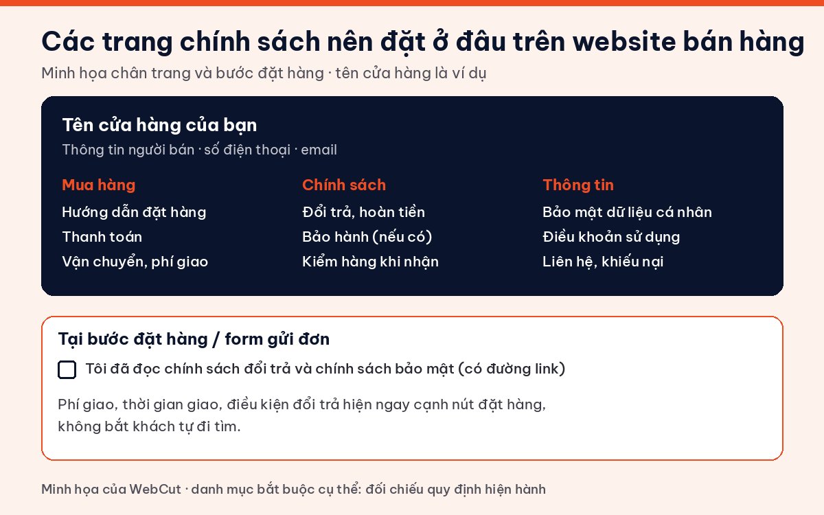 Minh họa vị trí các trang chính sách website bán hàng ở chân trang và tại bước đặt hàng
