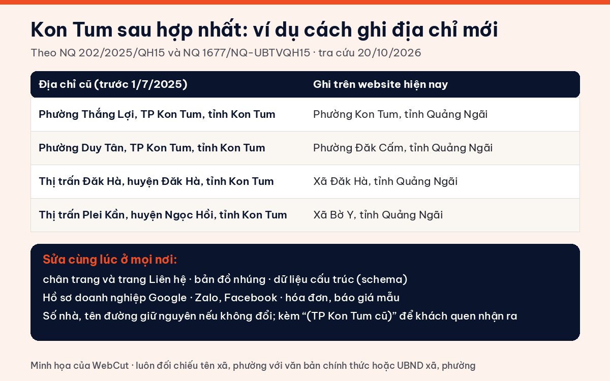 Ví dụ cách ghi địa chỉ mới trên website sau khi Kon Tum hợp nhất vào Quảng Ngãi: phường Kon Tum, phường Đăk Cấm, xã Đăk Hà, xã Bờ Y