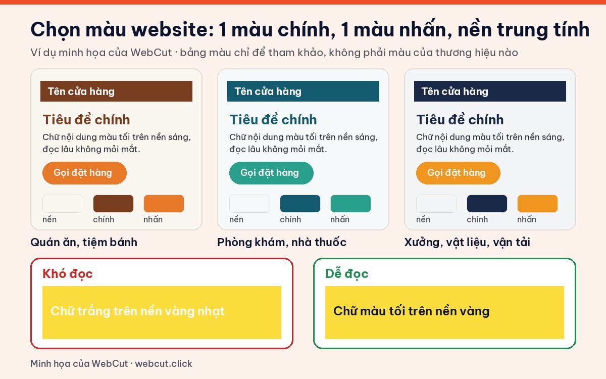 Ví dụ chọn màu sắc website: ba bảng màu nền, màu chính, màu nhấn cho quán ăn, phòng khám, xưởng vận tải và ví dụ chữ khó đọc, dễ đọc