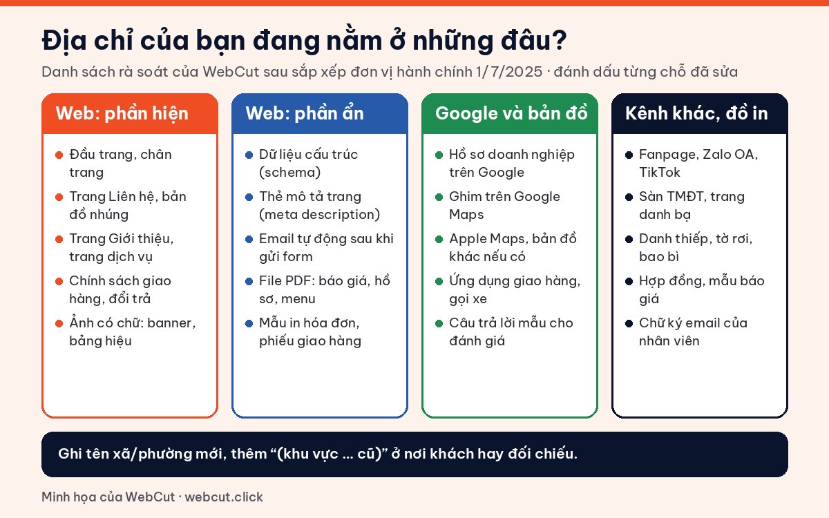 Danh sách rà soát cập nhật địa chỉ sau sáp nhập: phần hiện và phần ẩn trên website, Google và bản đồ, kênh khác và đồ in