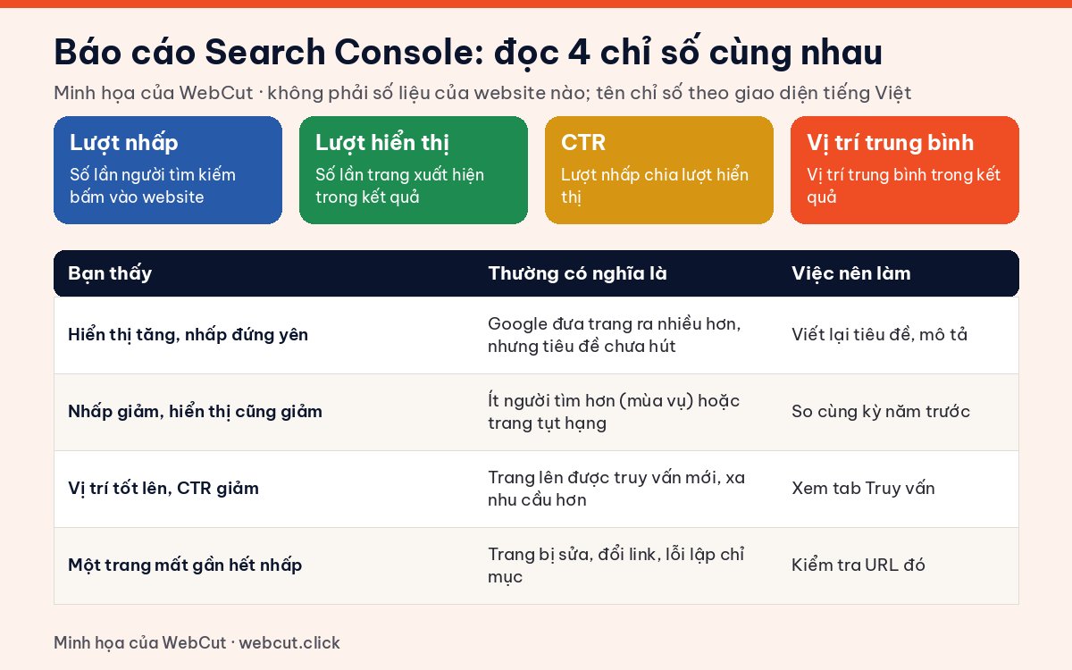 Minh họa cách đọc báo cáo Search Console: bốn chỉ số lượt nhấp, lượt hiển thị, CTR, vị trí trung bình và bốn kiểu biến động thường gặp