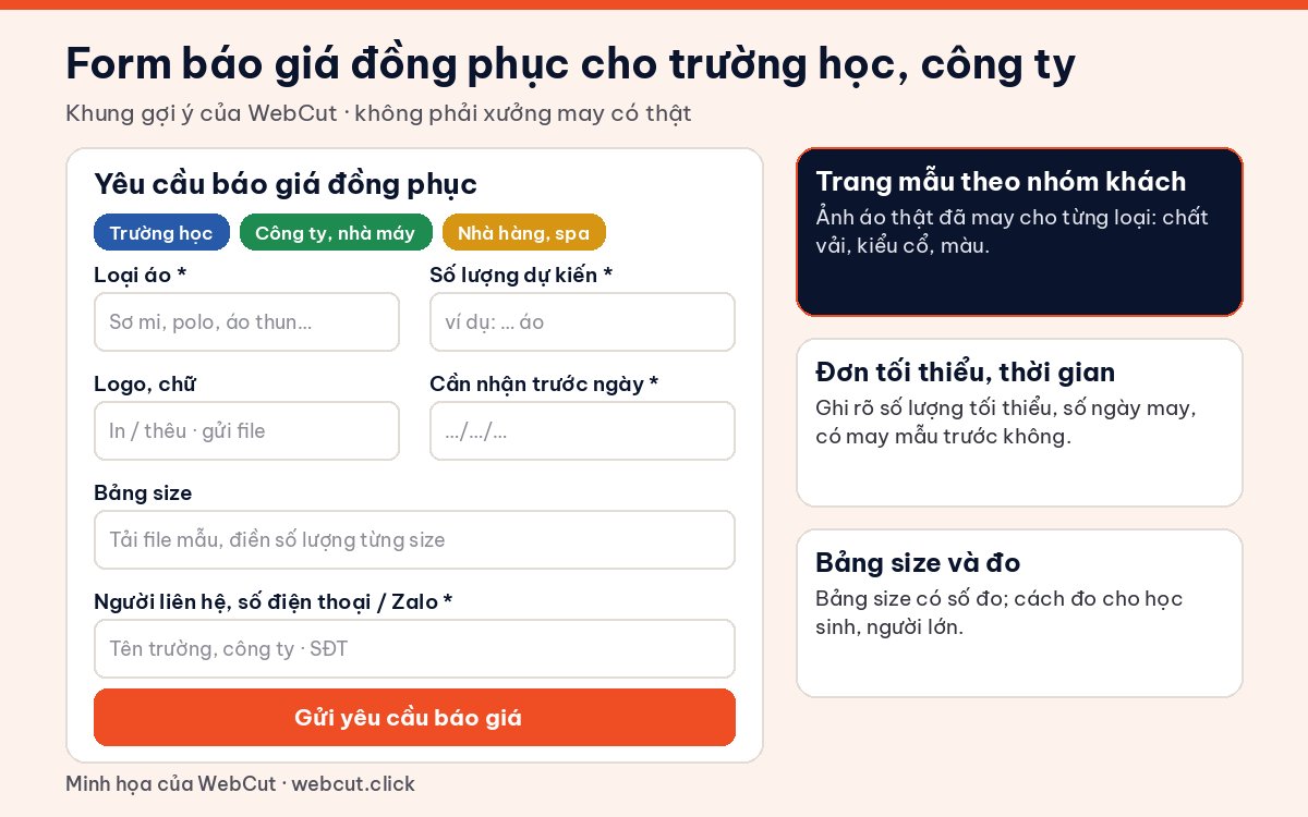 Form báo giá trên website xưởng may đồng phục: loại áo, số lượng, logo in hoặc thêu, ngày cần nhận, bảng size và người liên hệ
