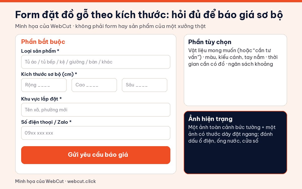 Form đặt hàng trên website xưởng đồ gỗ: loại sản phẩm, kích thước rộng cao sâu, vật liệu, màu, ảnh hiện trạng và thời gian cần
