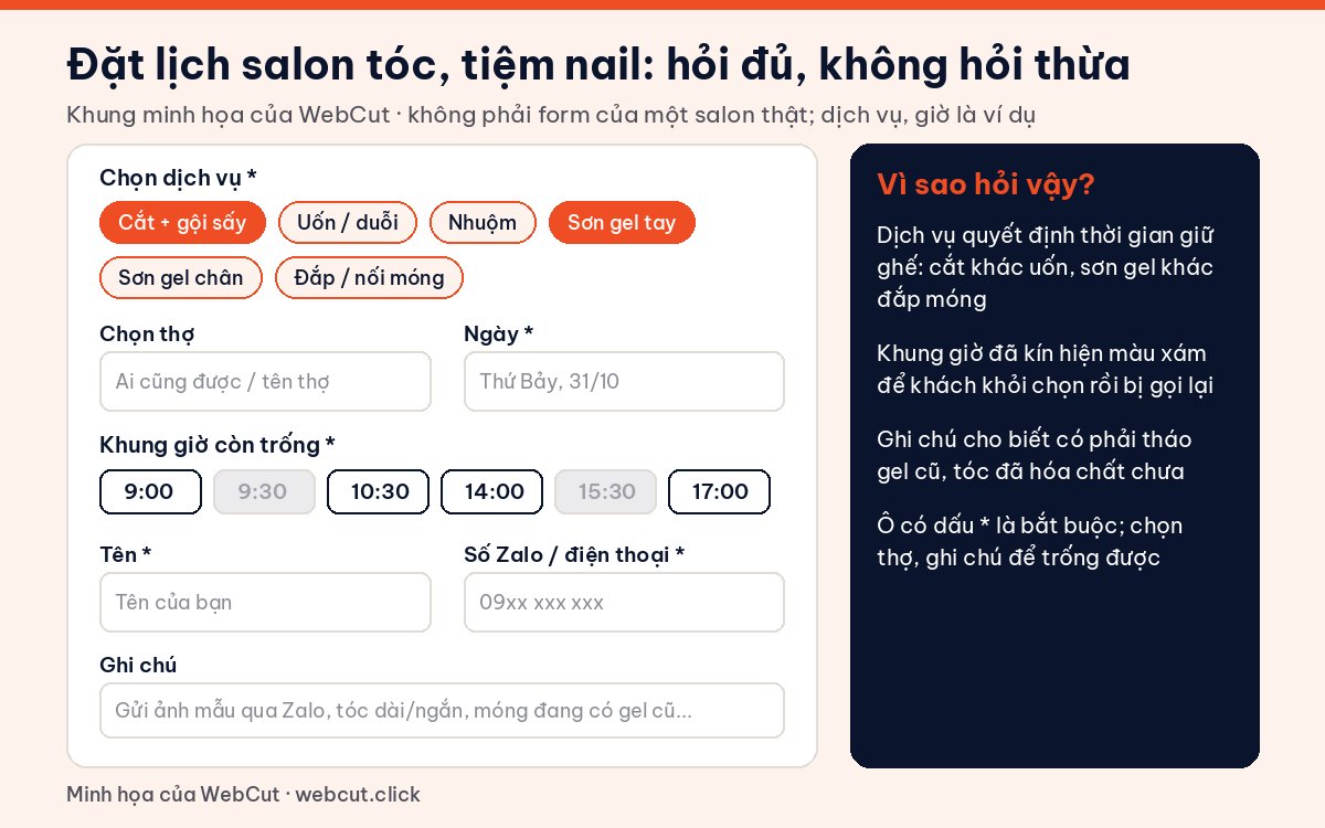 Khung minh họa form đặt lịch salon tóc, tiệm nail: chọn dịch vụ, chọn thợ, ngày, khung giờ còn trống, tên và số Zalo