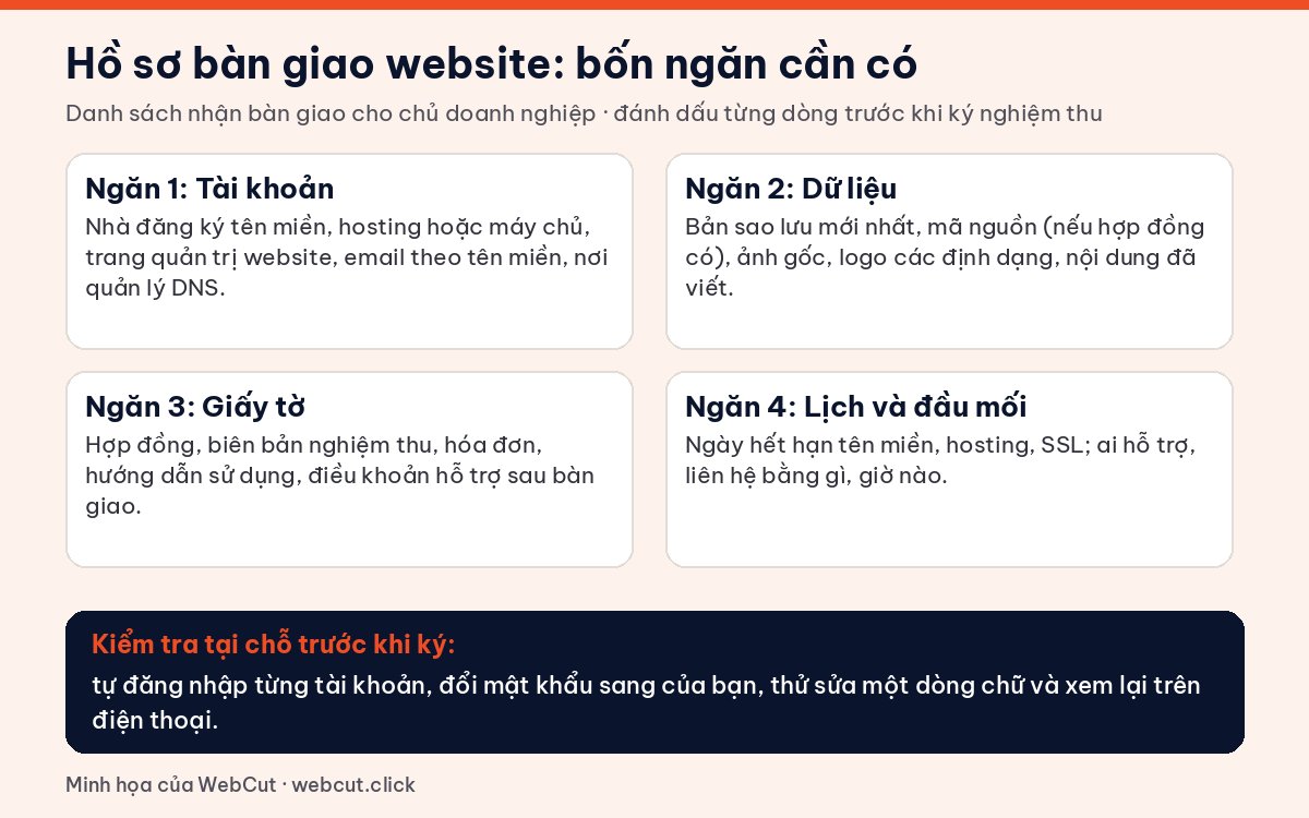 Hồ sơ bàn giao website bốn ngăn: tài khoản quản trị, dữ liệu, giấy tờ, lịch hết hạn và đầu mối hỗ trợ