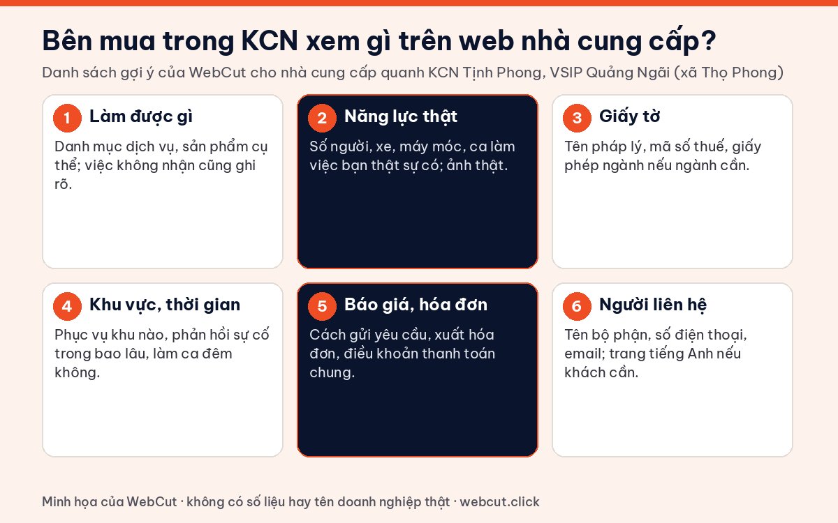 Sáu mục bên mua trong khu công nghiệp Tịnh Phong xem trên website nhà cung cấp: dịch vụ, năng lực, giấy tờ, khu vực, báo giá, người liên hệ