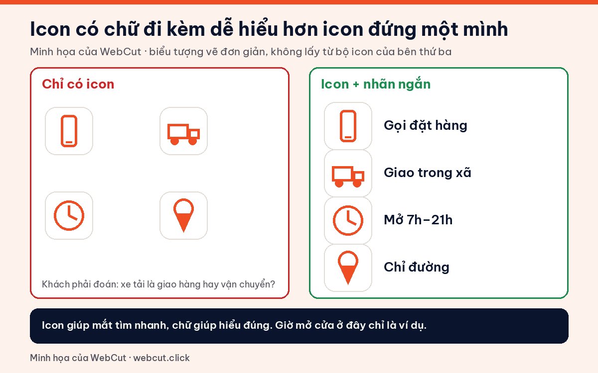 So sánh icon website đứng một mình và icon có nhãn chữ ngắn như gọi đặt hàng, giao trong xã, giờ mở cửa, chỉ đường