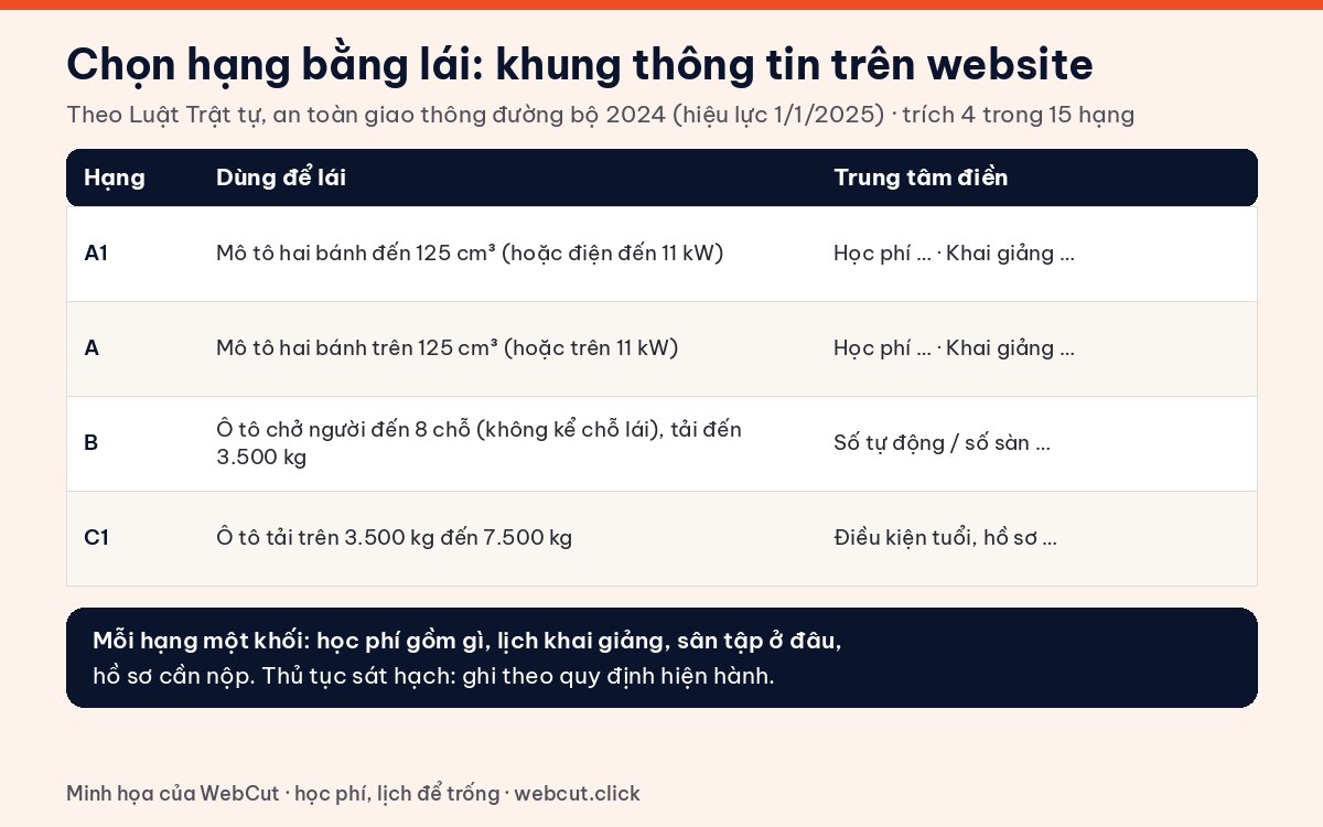 Khung chọn hạng bằng lái trên website trung tâm dạy lái xe: A1, A, B, C1 theo Luật Trật tự an toàn giao thông đường bộ 2024
