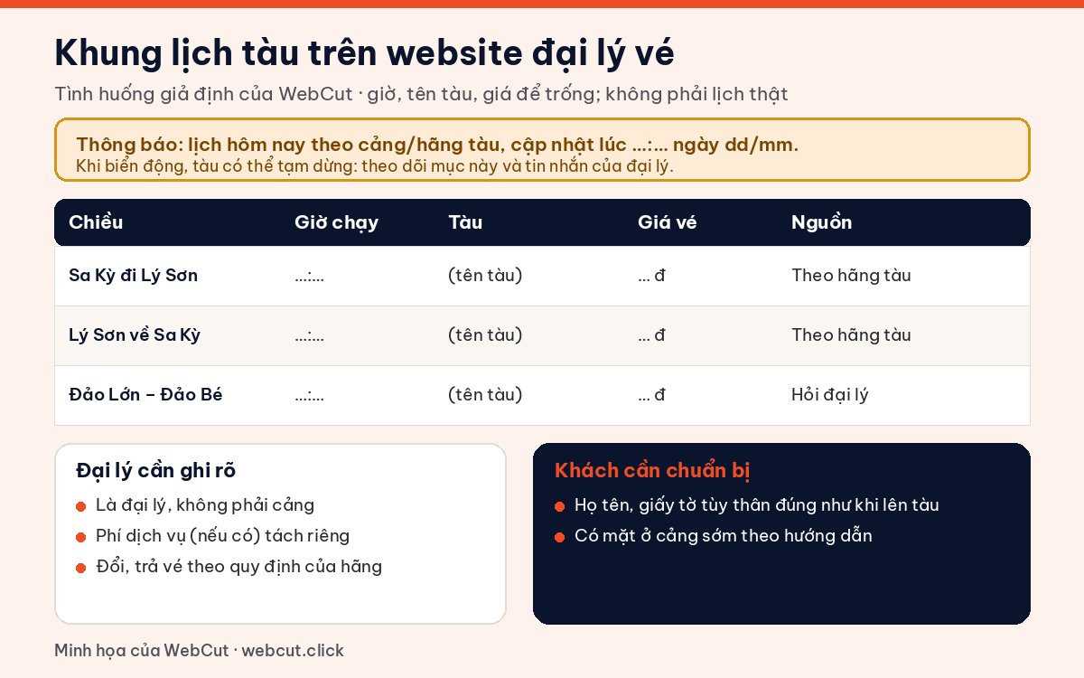 Khung trang lịch tàu trên website vé tàu Lý Sơn của đại lý: thông báo cập nhật, bảng chiều đi, giờ chạy, tên tàu, giá vé, nguồn