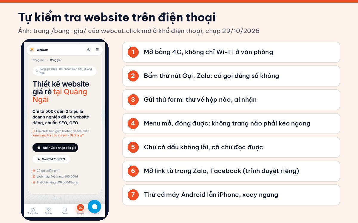 Danh sách bảy bước kiểm tra website trên điện thoại bên cạnh ảnh chụp trang bảng giá webcut.click ở khổ điện thoại