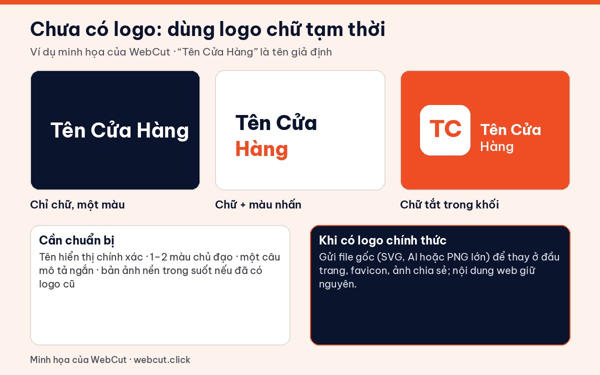 Ba kiểu logo chữ tạm thời cho website khi chưa có logo: chỉ chữ một màu, chữ có màu nhấn, chữ viết tắt trong khối