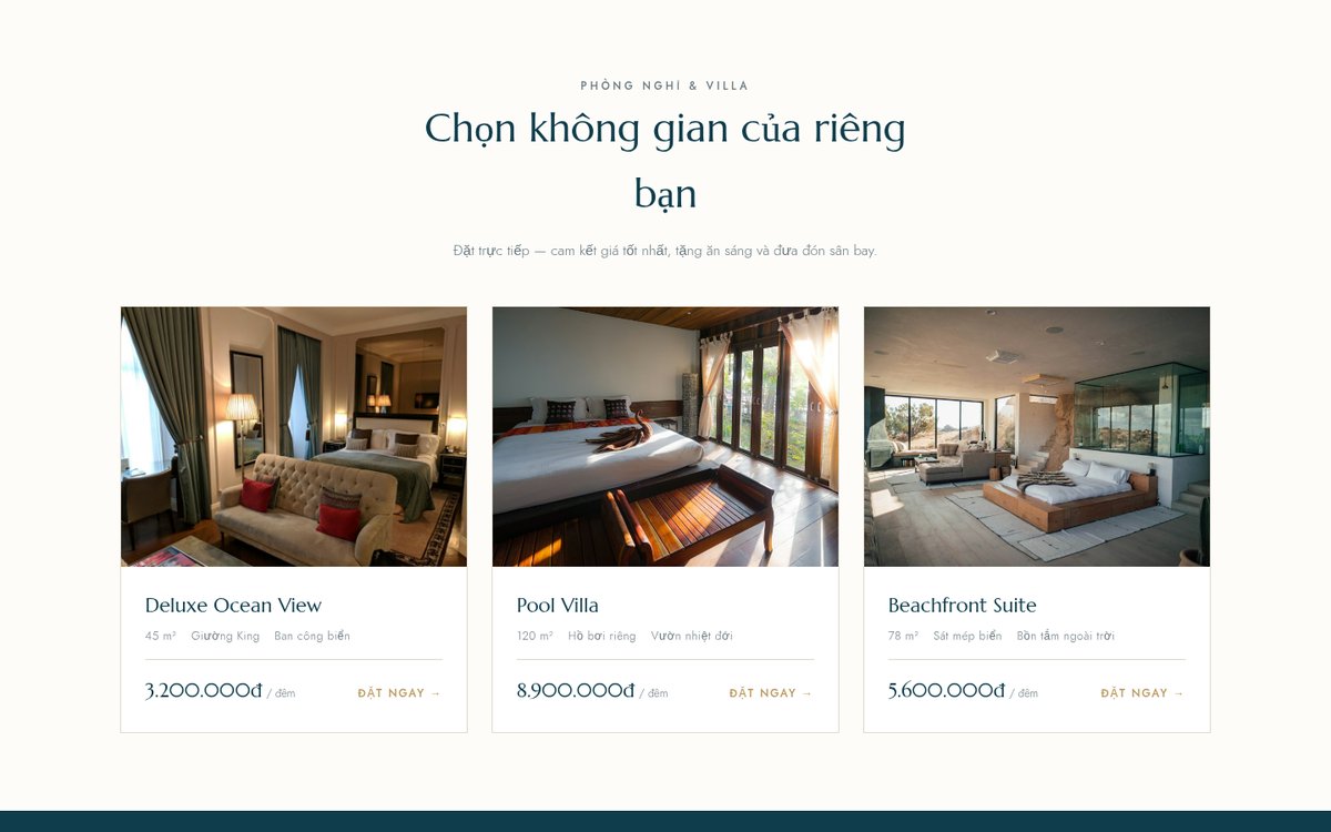 Demo website khách sạn Pearl Beach – khối Phòng nghỉ và Villa với ba thẻ phòng, diện tích, giá mỗi đêm và nút đặt ngay