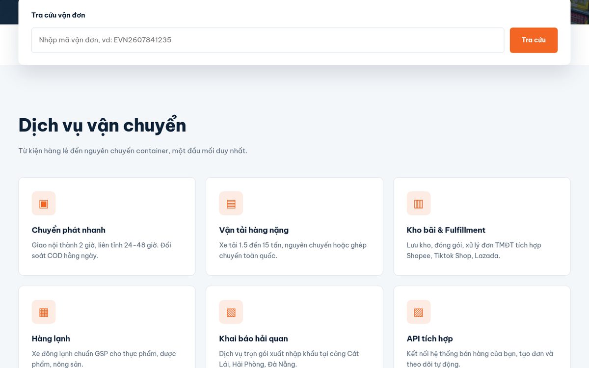 Ảnh chụp màn hình demo website logistics ExpressVN: ô tra cứu vận đơn và sáu thẻ dịch vụ vận chuyển