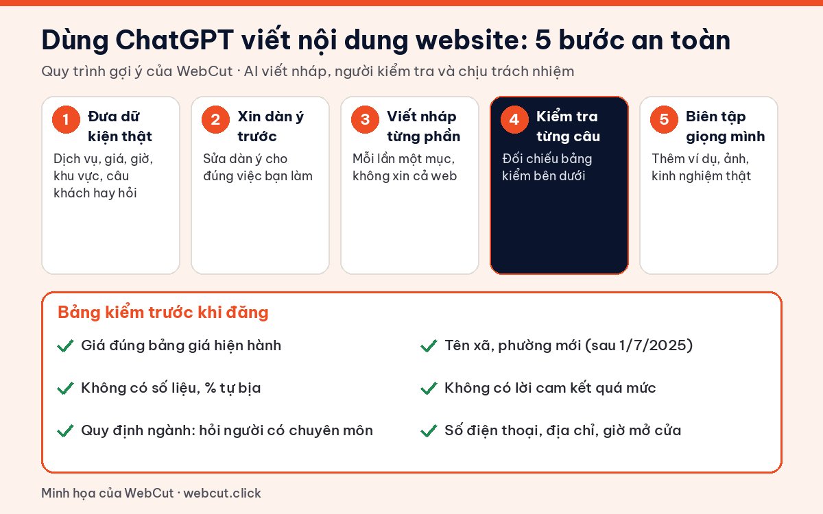 Quy trình dùng ChatGPT viết nội dung website năm bước và bảng kiểm trước khi đăng: giá, tên xã phường mới, số liệu, cam kết