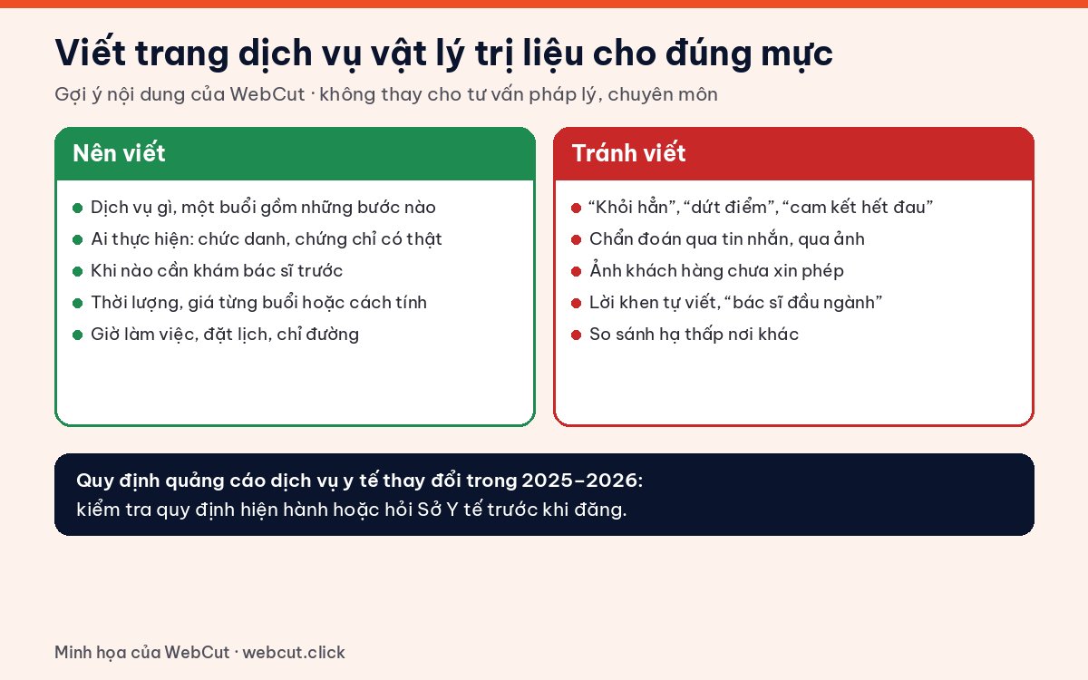 Bảng gợi ý nội dung nên viết và nên tránh trên website vật lý trị liệu, phòng khám y học cổ truyền
