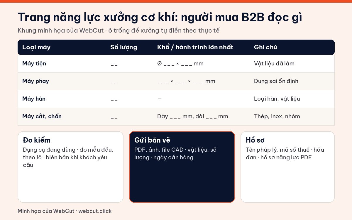Khung trang năng lực trên website xưởng cơ khí: bảng máy móc, vật liệu gia công, dụng cụ đo kiểm và cách gửi bản vẽ