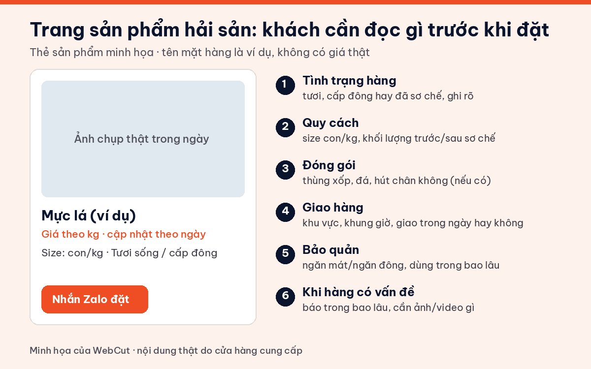 Minh họa thẻ sản phẩm trên website bán hải sản với tình trạng hàng, quy cách, đóng gói, giao hàng, bảo quản và cách báo khi hàng có vấn đề