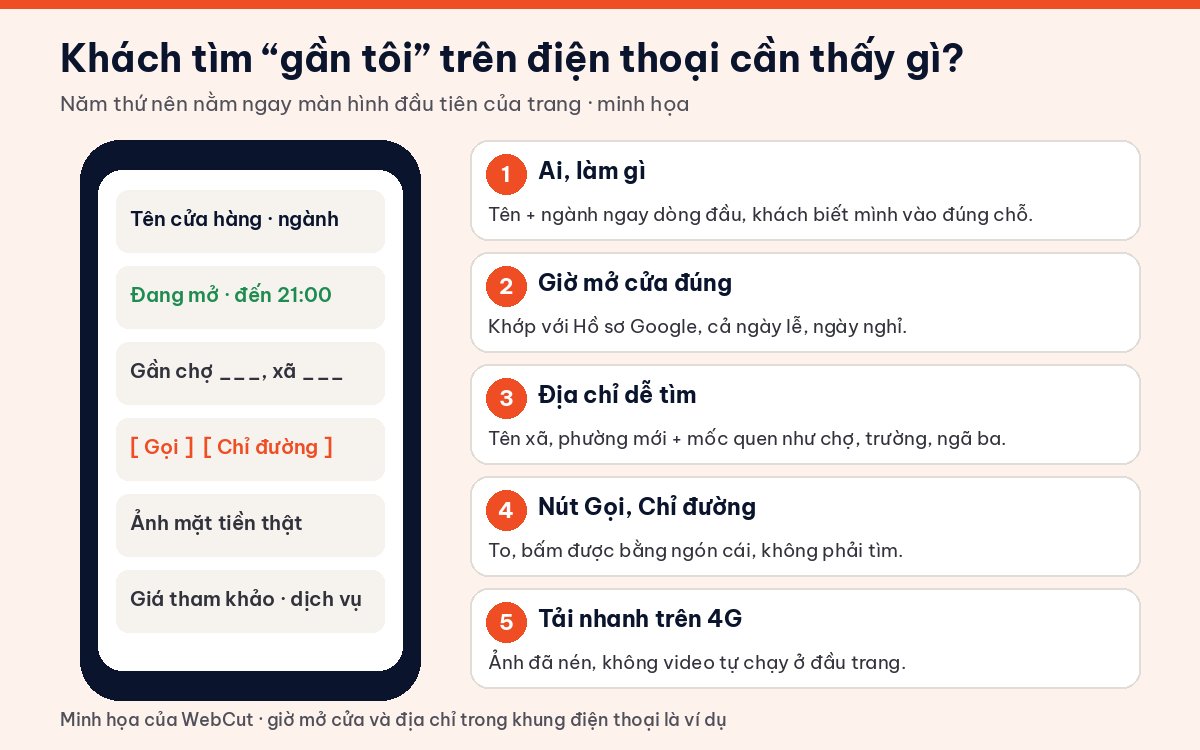 Minh họa màn hình điện thoại cho tìm kiếm gần tôi: tên cửa hàng, giờ mở cửa, địa chỉ có mốc quen, nút gọi và chỉ đường, tải nhanh