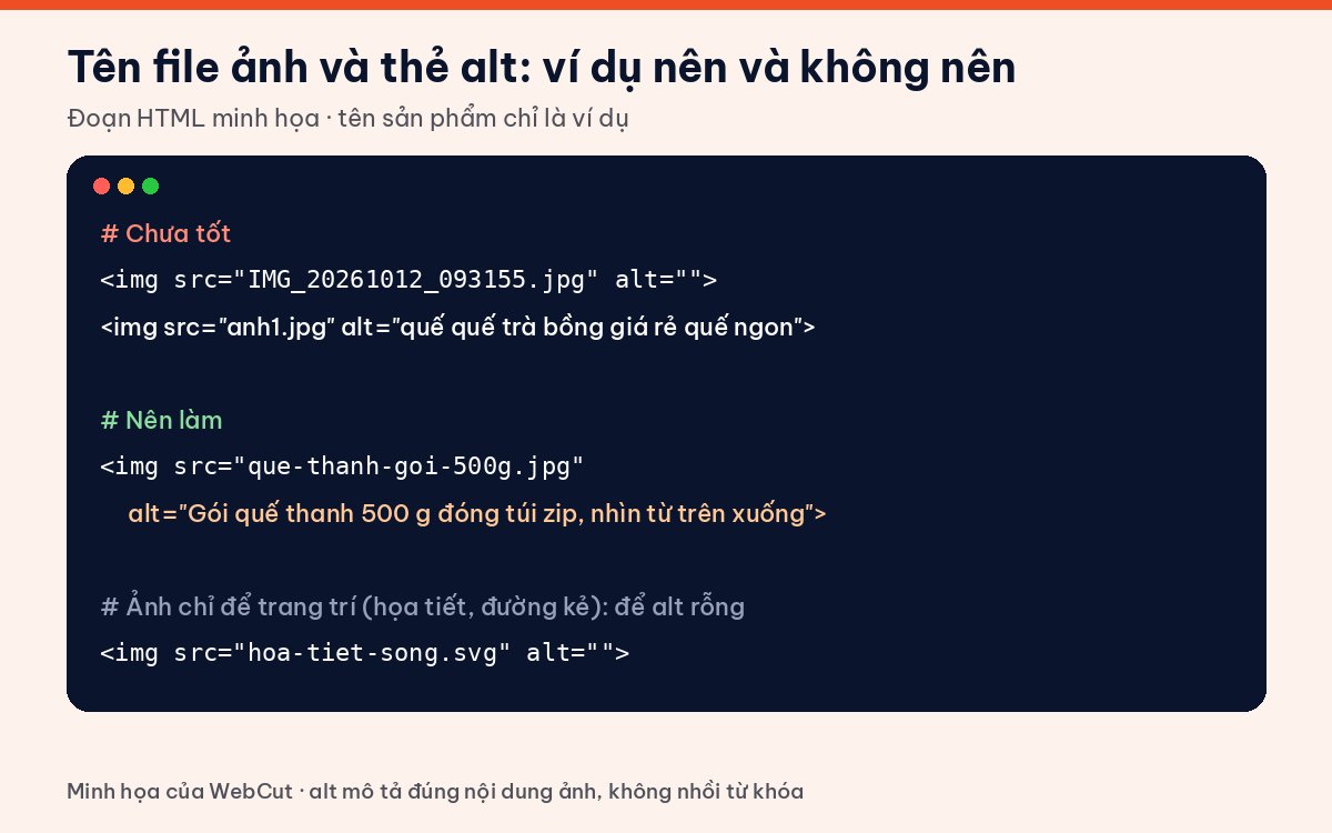 Ví dụ đoạn HTML về tên file ảnh và thẻ alt ảnh: cách viết chưa tốt, cách nên làm và ảnh trang trí để alt rỗng