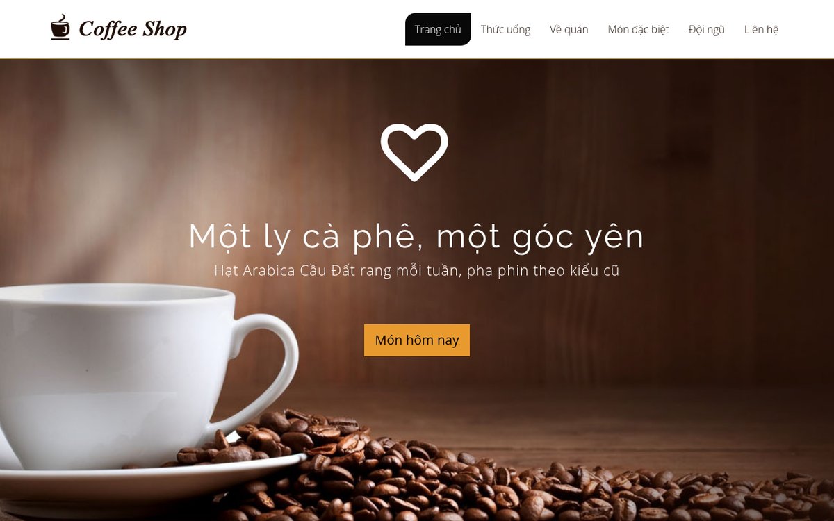 Thiết kế website tối giản: mẫu quán cà phê An Mộc với một câu thông điệp và một nút hành động trên màn hình đầu