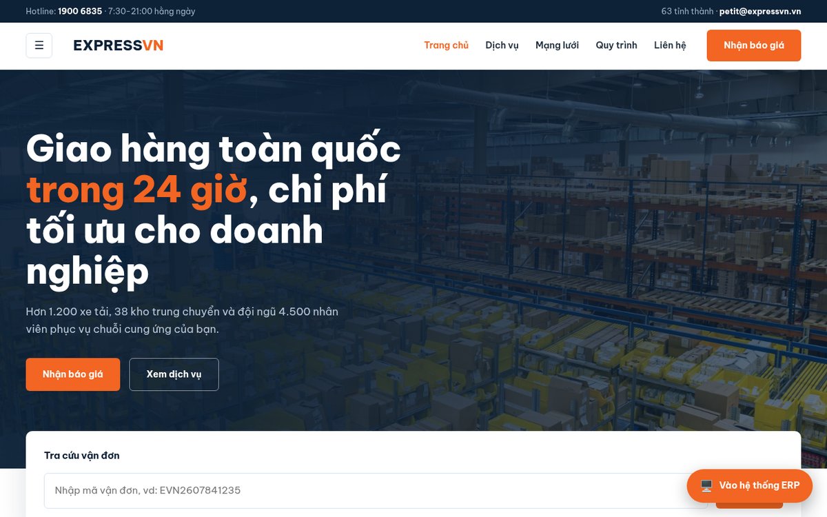 Mẫu website công ty vận tải ExpressVN với nút nhận báo giá và ô tra cứu vận đơn ngay màn hình đầu