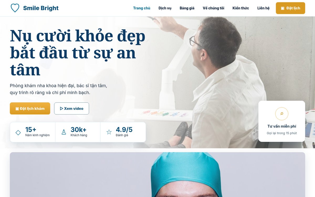 Demo website nha khoa smile bright – ảnh chụp mẫu website nha khoa trong kho demo WebCut