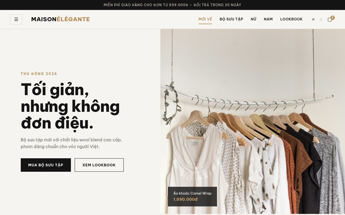 Mẫu website shop thời trang Maison Élégante trong kho demo WebCut với menu Lookbook và khối bộ sưu tập