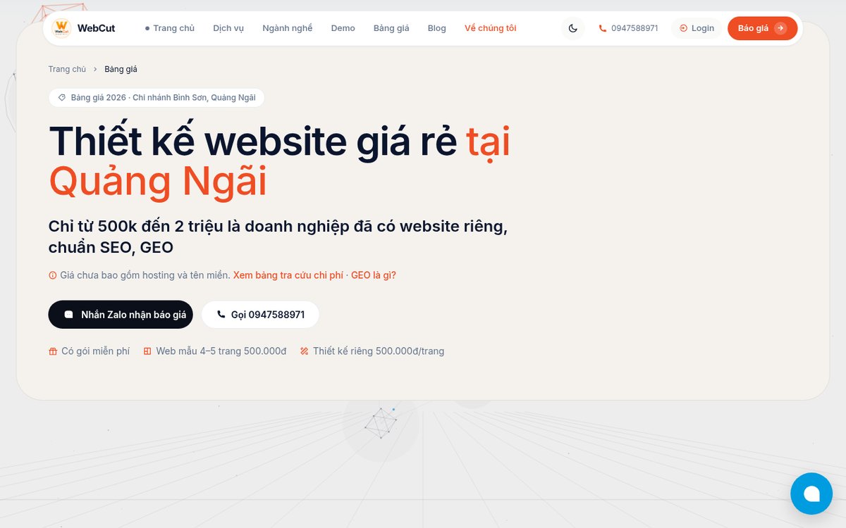 Trang bảng giá WebCut ghi rõ giá thiết kế chưa gồm hosting và tên miền – ví dụ về chi phí phát sinh website