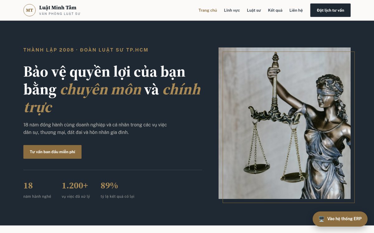 Mẫu website văn phòng luật Minh Tâm trong kho demo WebCut với menu Lĩnh vực, Luật sư và nút Đặt lịch tư vấn
