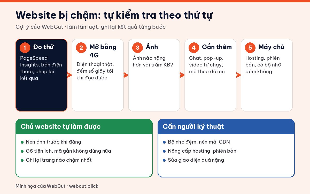 Năm bước tự kiểm tra khi website bị chậm: đo PageSpeed, mở bằng 4G, kiểm tra ảnh, tiện ích gắn thêm, máy chủ