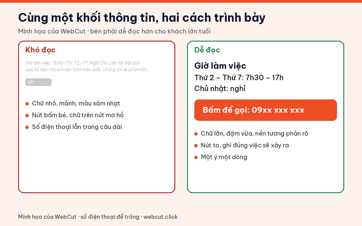 So sánh cách trình bày website cho người lớn tuổi: chữ nhỏ mờ khó đọc và chữ to, nút gọi lớn dễ dùng